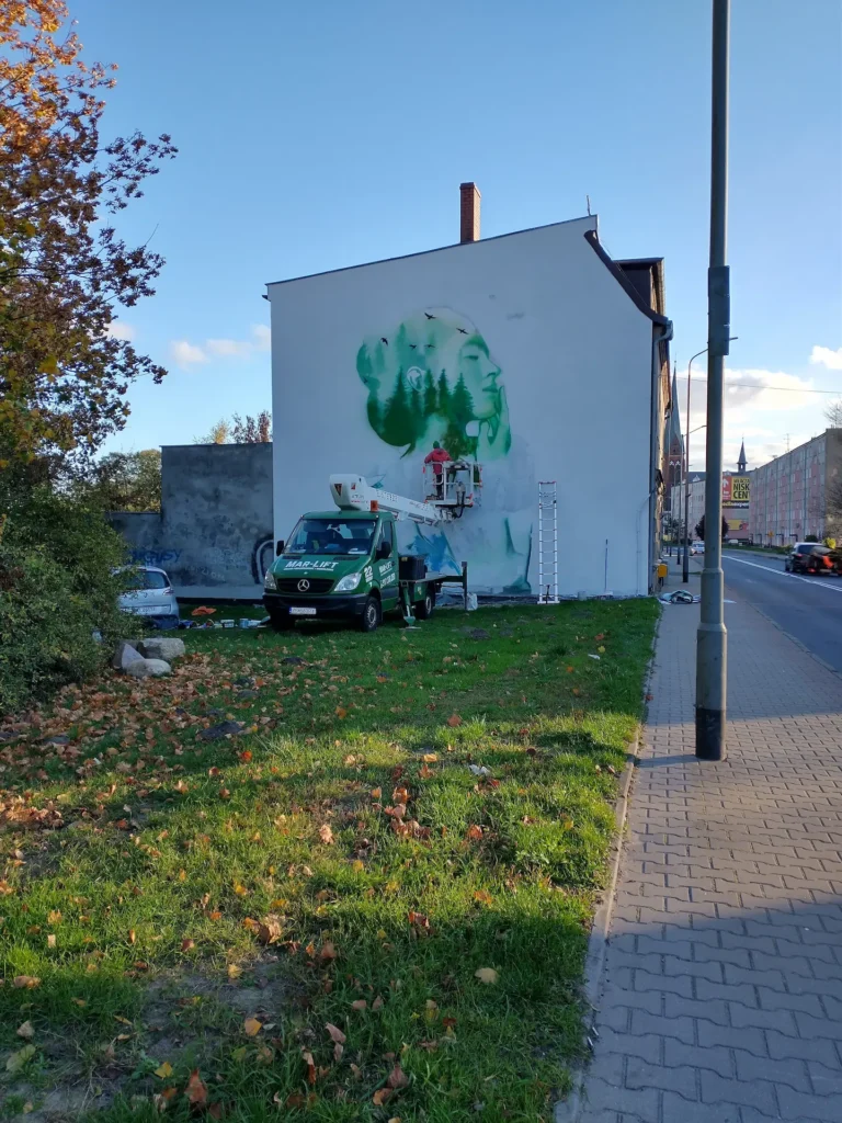 w trakcie prac malowania muralu antysmogowego w policach